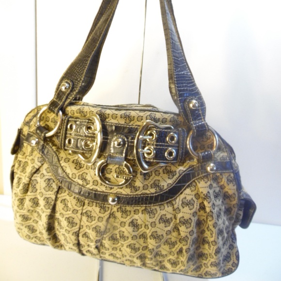 Guess Monogram Canvas & black Leather Shoulder Bag - Picture 1 of 8